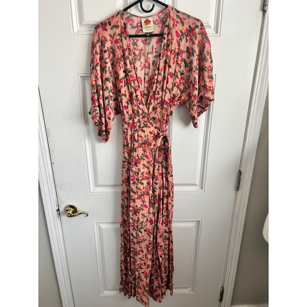 NWOT Farm Rio Dainty cashew Maxi Wrap Dress With Kimono Sleeves & Tie Waist XS - Picture 3 of 7
